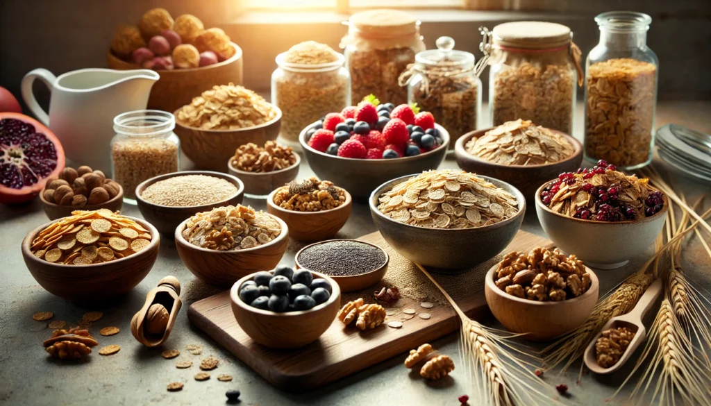 An inviting kitchen counter with an assortment of heart-healthy cereals, including oat-based options, granola with nuts and seeds, and bran flakes. The scene includes chia seeds, walnuts, and fresh berries under warm morning light.