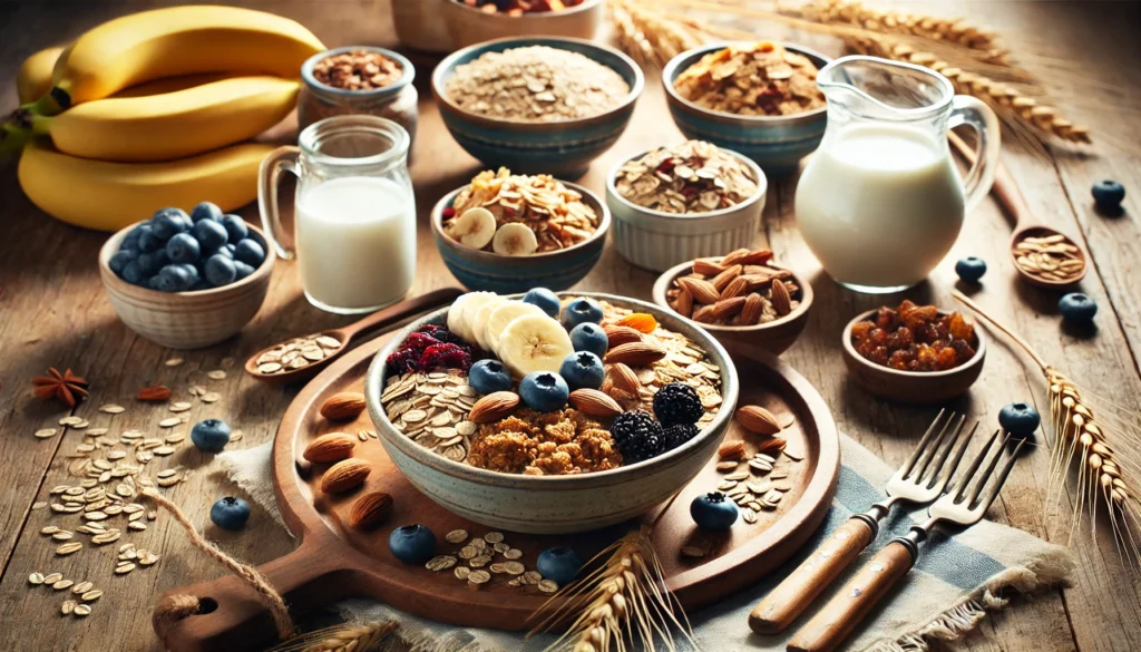 A wholesome breakfast spread showcasing cholesterol-lowering cereals in a cozy dining setting. The table is set with bowls of oats, bran, and granola mixed with nuts, seeds, and dried fruits, alongside a pitcher of oat milk and sliced bananas.