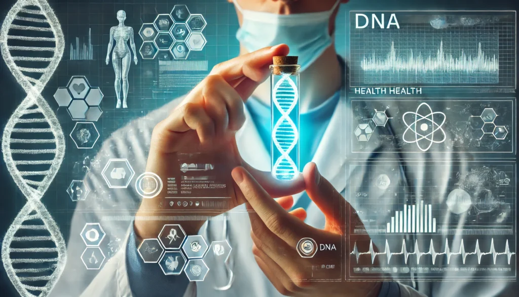 A researcher in a high-tech laboratory holding a vial containing a glowing DNA strand. A digital health interface projects genetic data analysis, with biometric scans and molecular diagrams enhancing the futuristic medical setting.