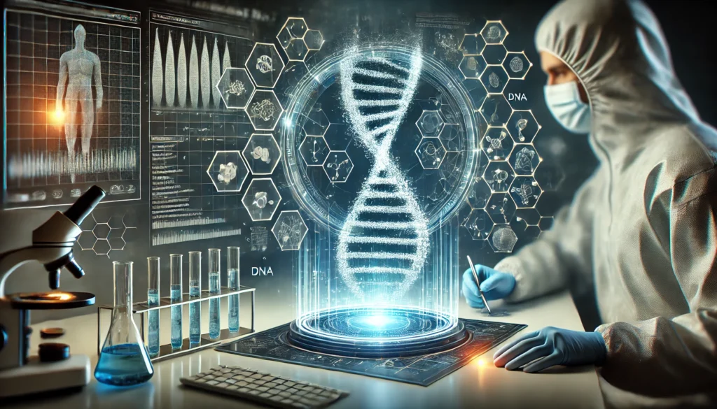 A futuristic laboratory setting dedicated to genetic testing for health deficiencies. A glowing 3D DNA strand hovers above an advanced medical device, surrounded by intricate holographic data. A scientist in protective gear closely examines the genetic sequencing process on a transparent digital interface, with molecular structures and bioinformatics visuals in the background.