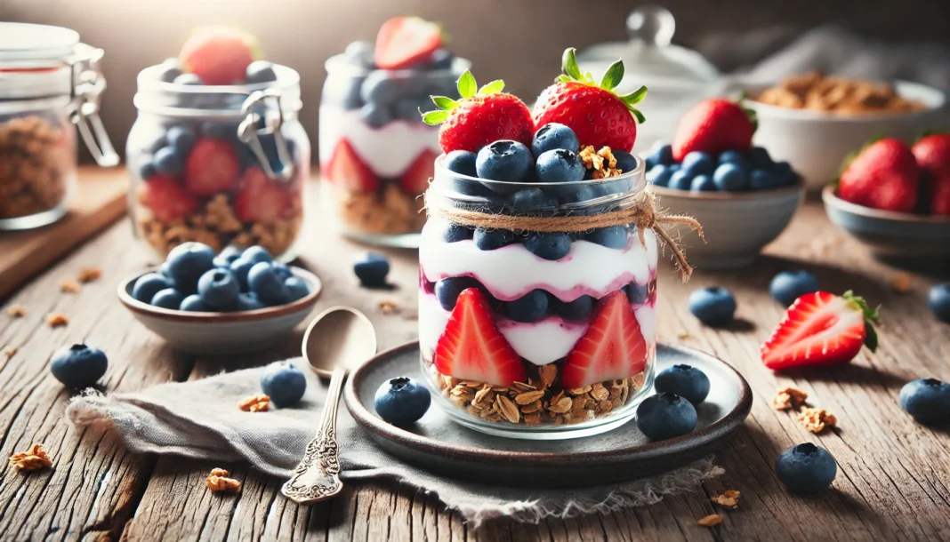 A visually appealing parfait layered with Greek yogurt, fresh strawberries, blueberries, and granola, set on a rustic wooden table with soft lighting.