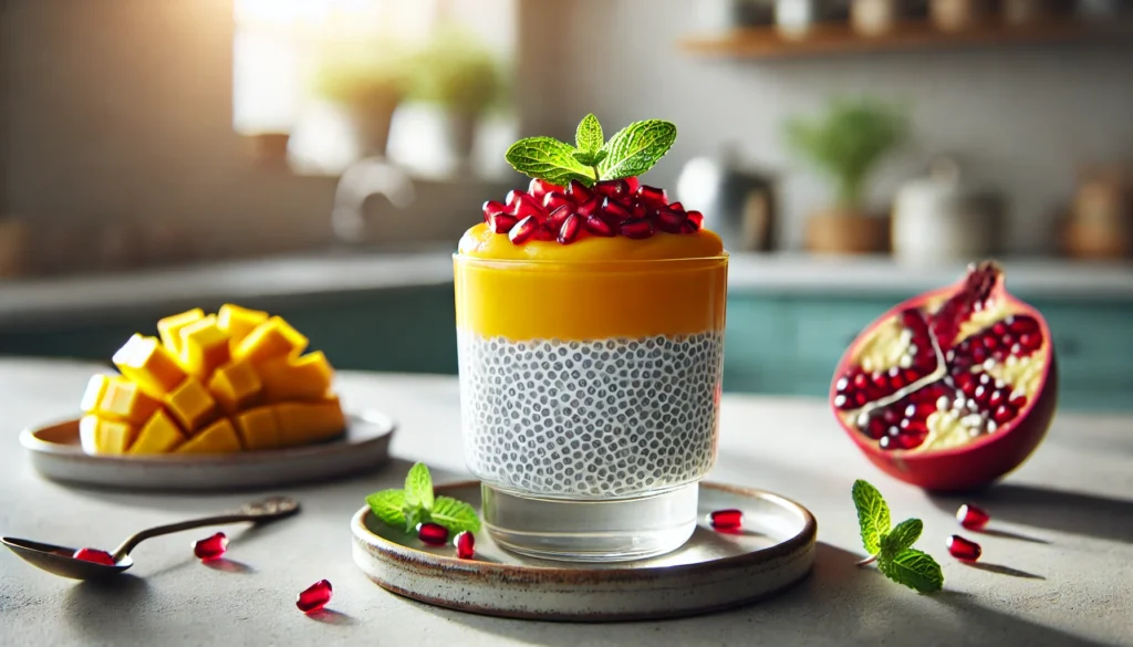 A vibrant chia pudding in a glass, layered with mango puree and topped with pomegranate seeds and mint leaves, set in a modern, daylight-filled kitchen.