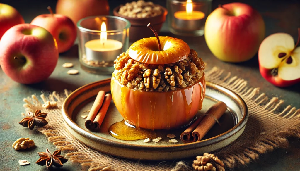 A cozy, autumn-inspired baked apple dessert stuffed with walnuts, cinnamon, and oats, drizzled with honey, presented on a rustic ceramic plate with warm candlelight.