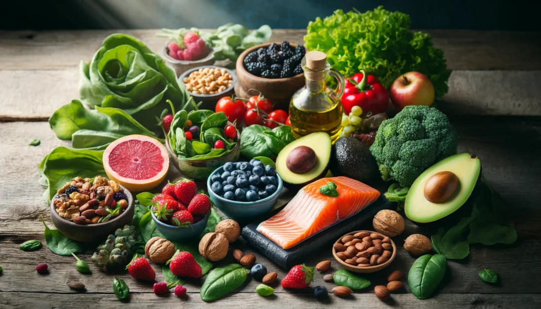 A vibrant assortment of heart-healthy foods including berries, leafy greens, avocados, nuts, salmon, and olive oil, displayed on a rustic wooden table with soft natural lighting.