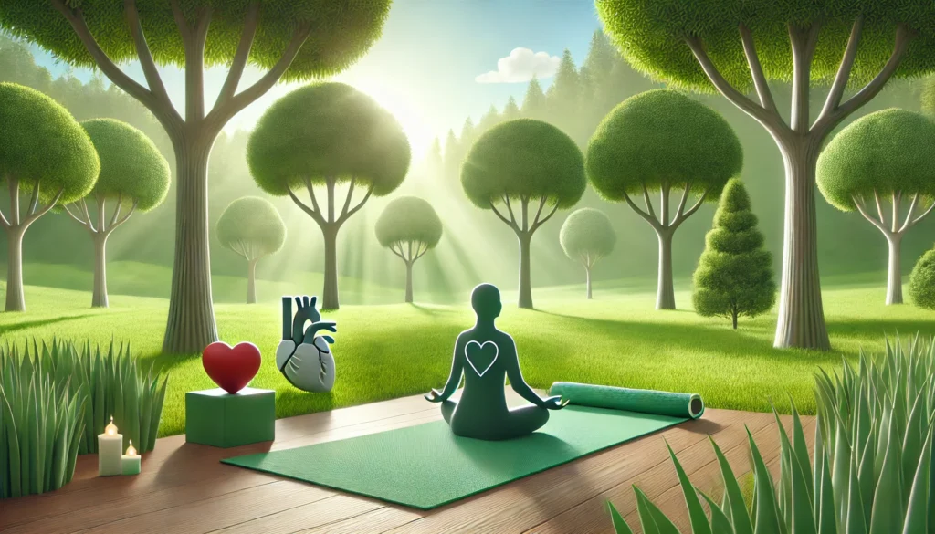 A serene outdoor setting with a person practicing meditation or yoga in a lush green park, symbolizing stress reduction and mindful habits for heart health.