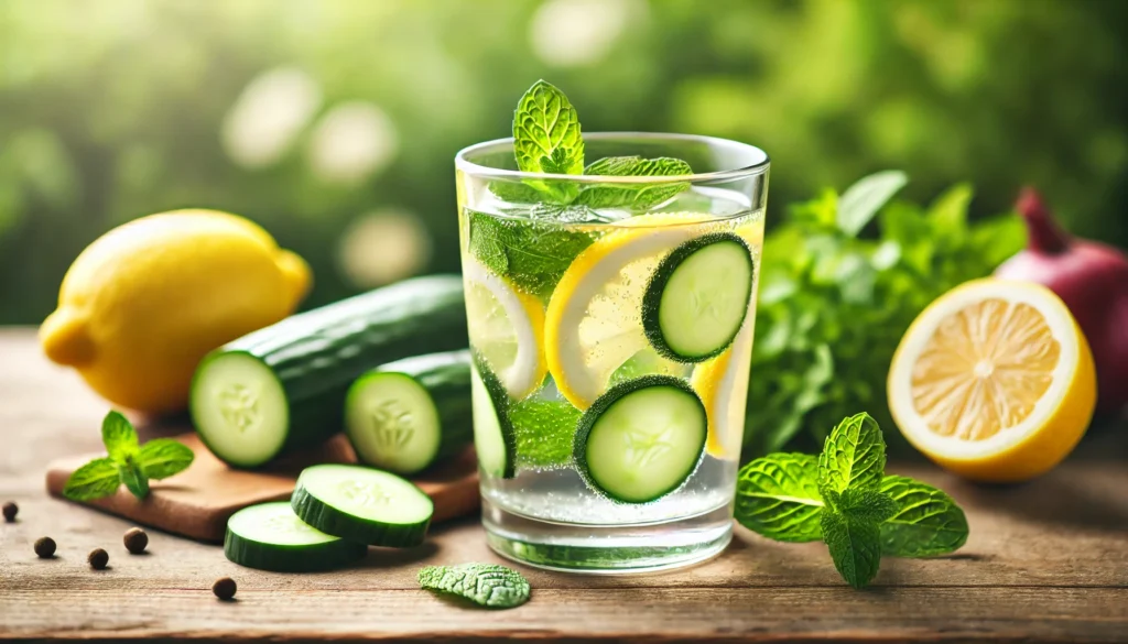 A refreshing glass of infused water with lemon, cucumber, and mint, placed on a wooden surface with a blurred garden background, representing natural hydration and detoxification.