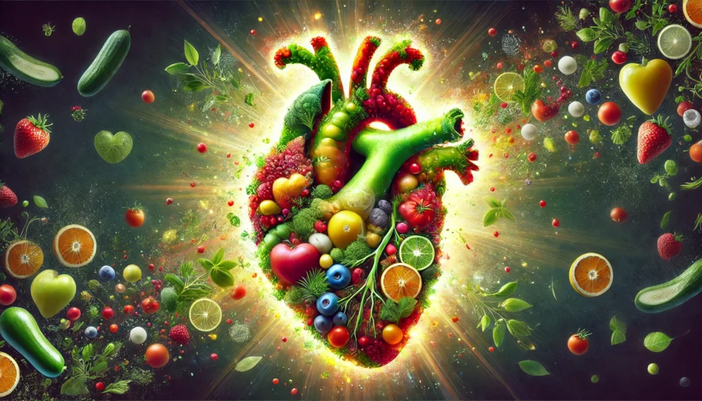 An artistic depiction of a glowing human heart composed of fresh fruits, vegetables, and natural elements, symbolizing the power of a nutritious diet in strengthening cardiovascular health.