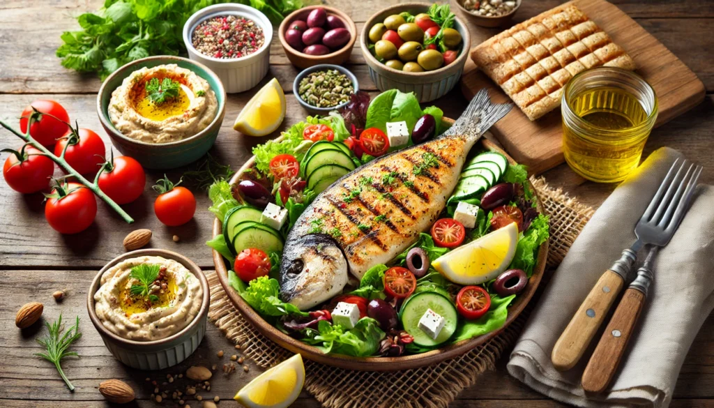 A Mediterranean-inspired heart-healthy dinner with a mixed greens salad, olives, cherry tomatoes, feta cheese, grilled fish with lemon, whole grain pita bread with hummus, and mixed nuts.