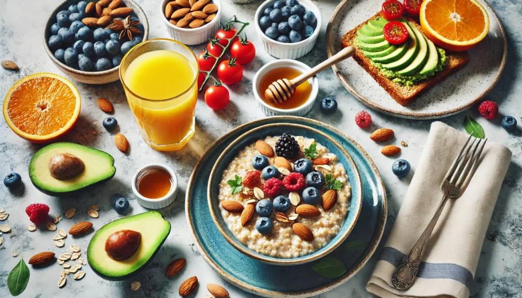 A beautifully arranged heart-healthy breakfast with oatmeal topped with berries, almonds, honey, a glass of fresh orange juice, and whole-grain avocado toast with cherry tomatoes.