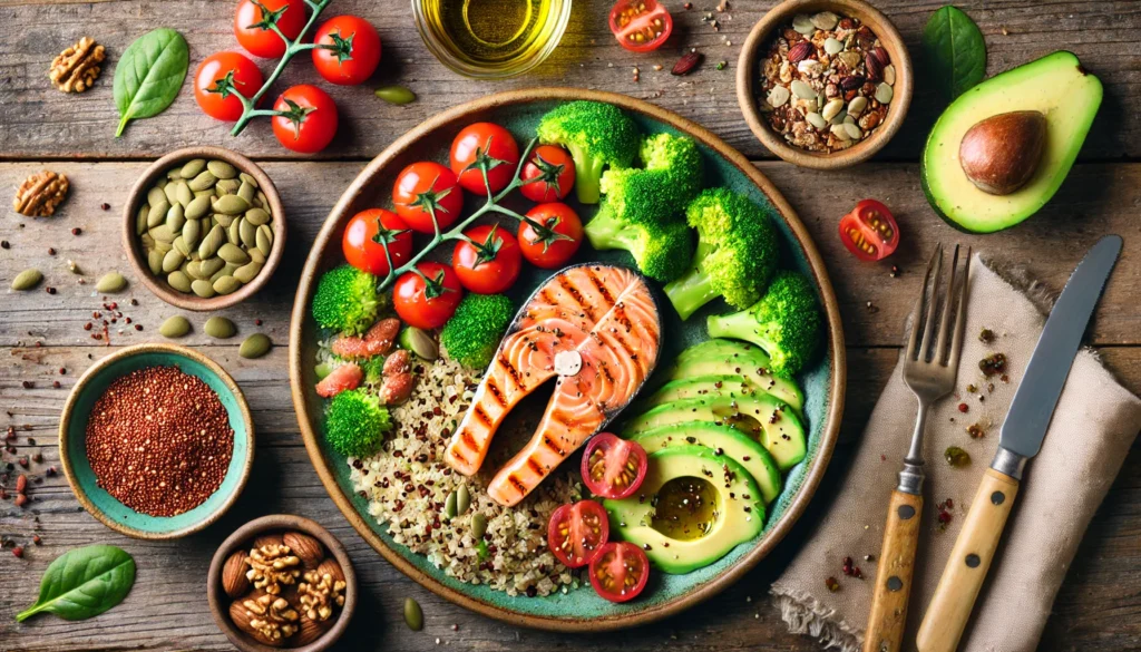 A top-down view of a heart-healthy meal with grilled salmon, quinoa, steamed broccoli, cherry tomatoes, avocado slices, and small bowls of nuts, seeds, and olive oil.
