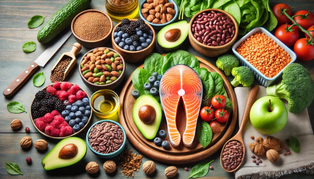 A vibrant spread of heart-healthy foods arranged on a wooden kitchen countertop, featuring fresh salmon, avocados, leafy greens, nuts, berries, whole grains, olive oil, and mixed beans.