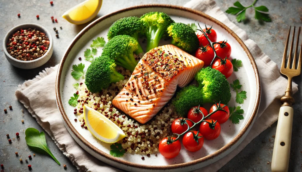 A beautifully plated salmon fillet with a golden seared crust, served with steamed broccoli, cherry tomatoes, and quinoa, garnished with a lemon wedge and fresh parsley.