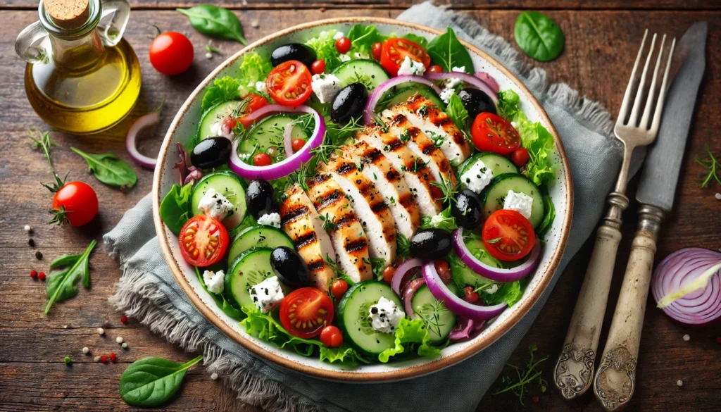 A vibrant Mediterranean-style grilled chicken salad with mixed greens, cherry tomatoes, cucumbers, red onions, black olives, crumbled feta cheese, and a light olive oil dressing.