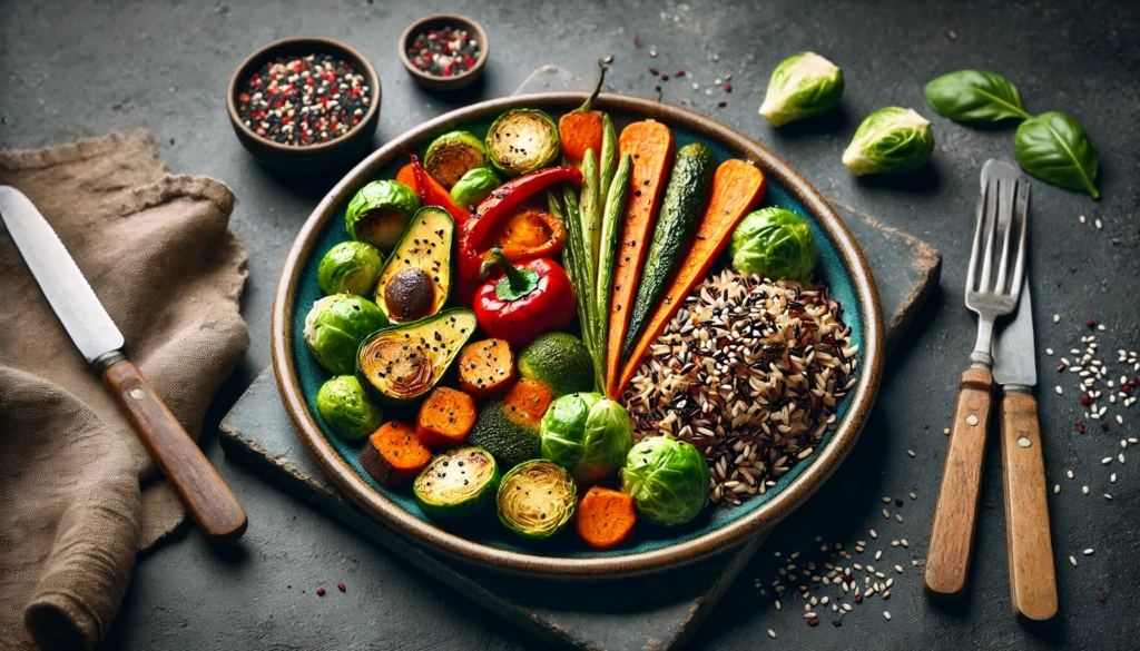 A colorful plate of roasted sweet potatoes, Brussels sprouts, bell peppers, and zucchini, served with wild rice and sprinkled with sesame seeds.