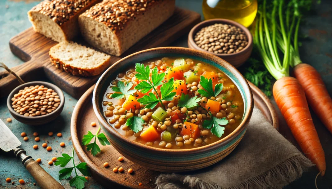 A wholesome bowl of lentil soup with diced carrots, celery, and tomatoes, garnished with fresh herbs and served alongside whole grain bread.