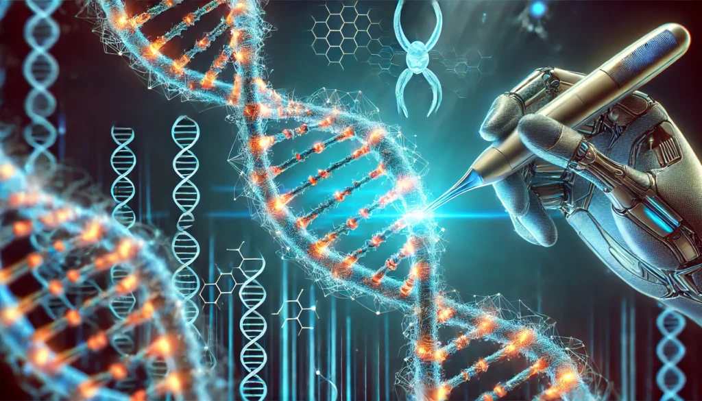 A glowing DNA strand being edited with futuristic nanotechnology, symbolizing CRISPR gene-editing advancements.