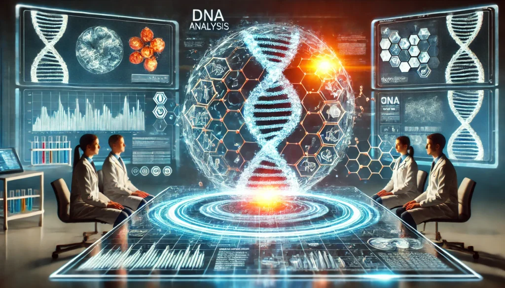 A futuristic lab where a glowing DNA helix is surrounded by holographic medical charts and molecular structures. Scientists analyze genetic data on transparent digital screens, illustrating the role of DNA in precision healthcare.