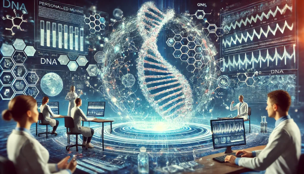 A glowing DNA strand seamlessly integrates with a futuristic digital medical interface, morphing into molecular structures. Scientists in an advanced laboratory study floating holographic screens displaying genetic data, symbolizing DNA’s impact on personalized medicine.