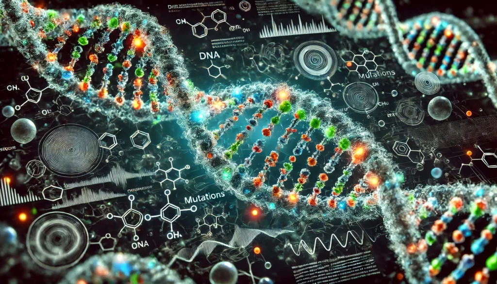 A close-up, microscopic view of a glowing DNA strand with neon markers highlighting mutations linked to rare diseases. The background features a bio-digital aesthetic with molecular structures and scientific visualizations.