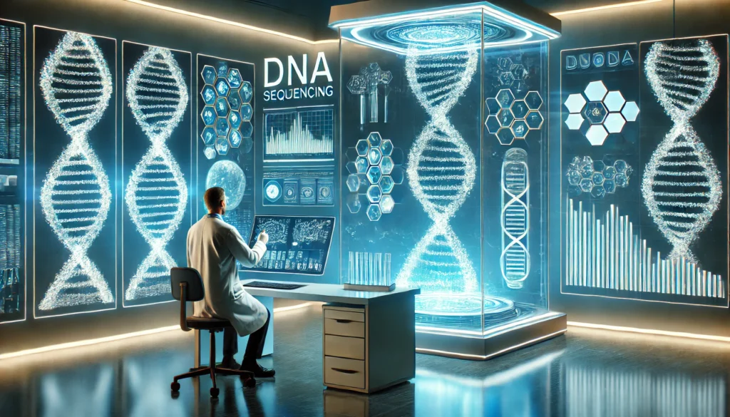 A high-tech laboratory featuring advanced genetic testing equipment, including DNA sequencing machines and holographic DNA strands. A scientist in a lab coat examines genetic data on a transparent screen, illuminated with cool blue and white lights.