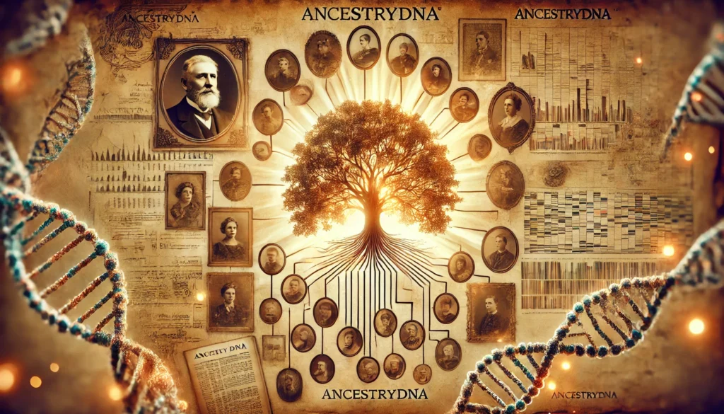 A warm and nostalgic depiction of genealogy, representing AncestryDNA. A detailed family tree emerges from parchment, surrounded by sepia-toned photographs and historical documents, emphasizing heritage and ancestry.