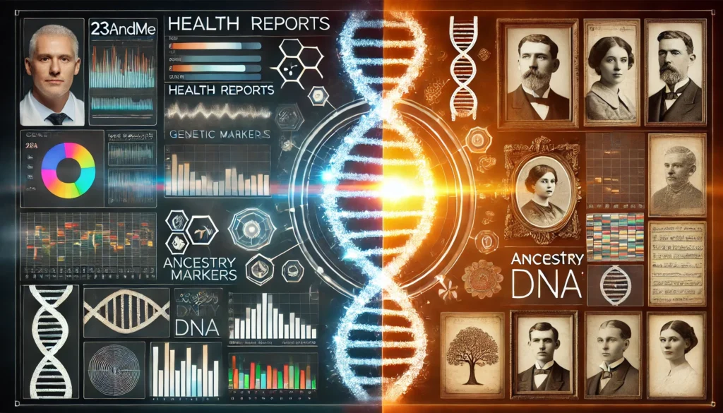 A visually engaging comparison of DNA testing for health and ancestry. One side features futuristic medical-themed graphics with genetic markers and health reports, representing 23andMe. The other side highlights ancestry research with vintage portraits, a genealogical tree, and historical records, symbolizing AncestryDNA.