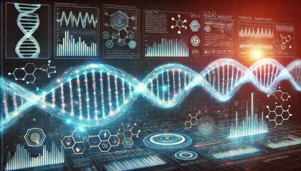 A high-tech conceptual artwork of DNA sequencing, showing a luminous double helix with a digital scan effect. The futuristic background features holographic charts, medical data streams, and molecular structures, symbolizing health insights derived from genetic testing kits.
