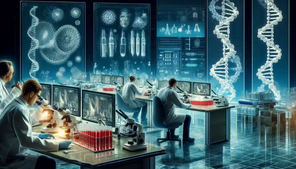 Scientists conducting DNA blood analysis in a high-tech research facility, examining genetic samples under microscopes and interpreting intricate DNA structures on computer screens, highlighting advancements in medical genetics.
