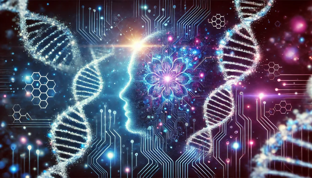 A conceptual visualization of human DNA strands intertwined with glowing digital circuits, representing the integration of genetics and artificial intelligence in cutting-edge medical research.