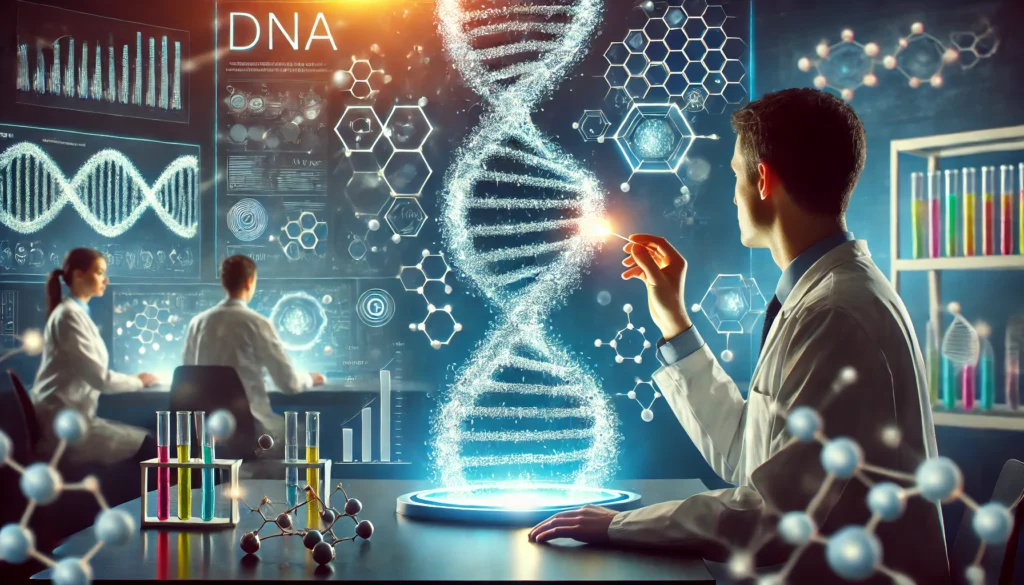 A high-tech laboratory where scientists examine a DNA strand with glowing molecular markers, representing epigenetic research.