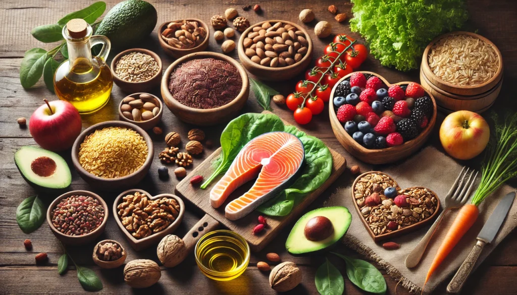 A beautifully arranged selection of heart-healthy foods, including fresh salmon, avocados, nuts, leafy greens, whole grains, olive oil, and colorful berries, displayed on a wooden table to emphasize cardiovascular wellness.