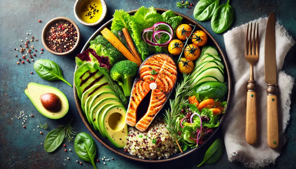 A vibrant Mediterranean-style meal featuring grilled salmon, quinoa, roasted vegetables, avocado slices, and a side of leafy greens, garnished with fresh herbs and olive oil for a heart-healthy diet rich in omega-3s and antioxidants.
