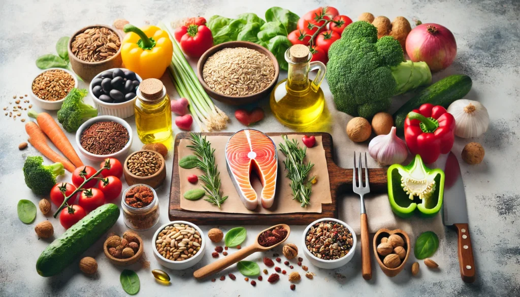 A wholesome meal preparation scene featuring fresh ingredients like salmon, olive oil, nuts, whole grains, and an assortment of colorful vegetables, set in a bright kitchen to emphasize the importance of home-cooked heart-healthy meals.