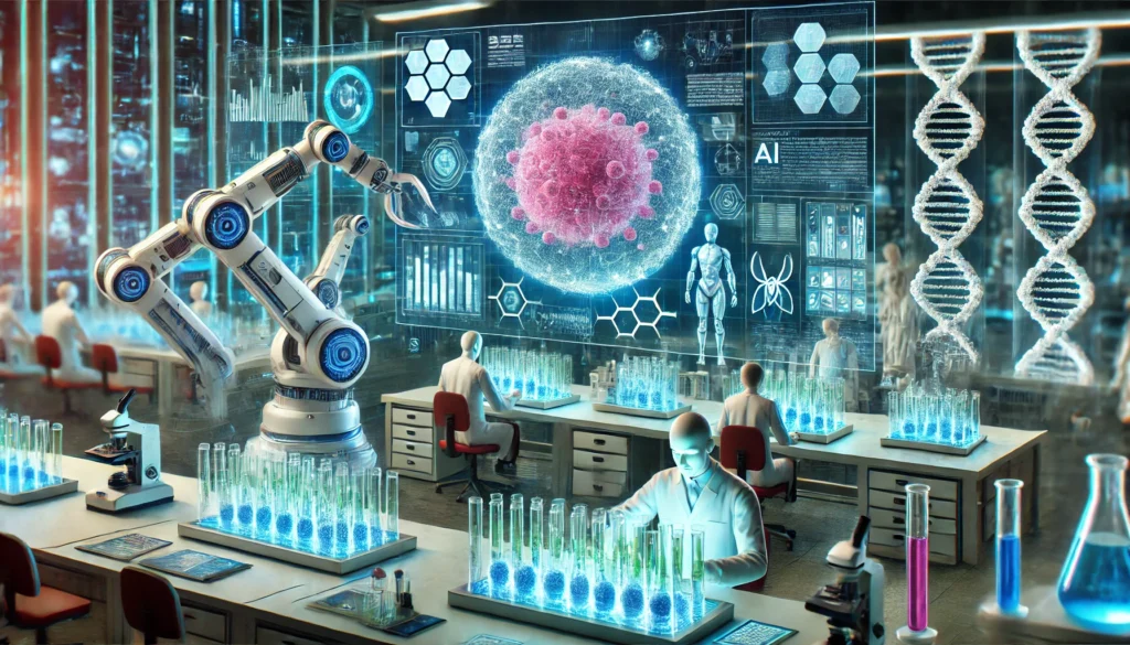 A futuristic biotechnology lab where AI-driven robotic arms conduct genetic modifications on cell cultures, with scientists analyzing real-time data on holographic displays.