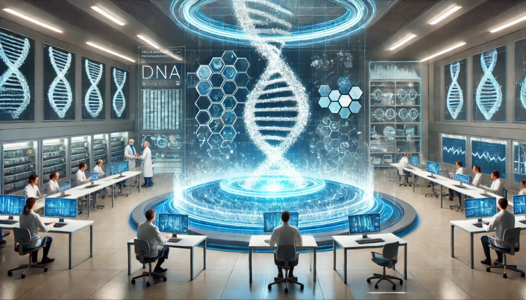 A futuristic medical research facility featuring a massive digital DNA helix floating in the center, surrounded by scientists using holographic interfaces to analyze patient-specific genetic data.