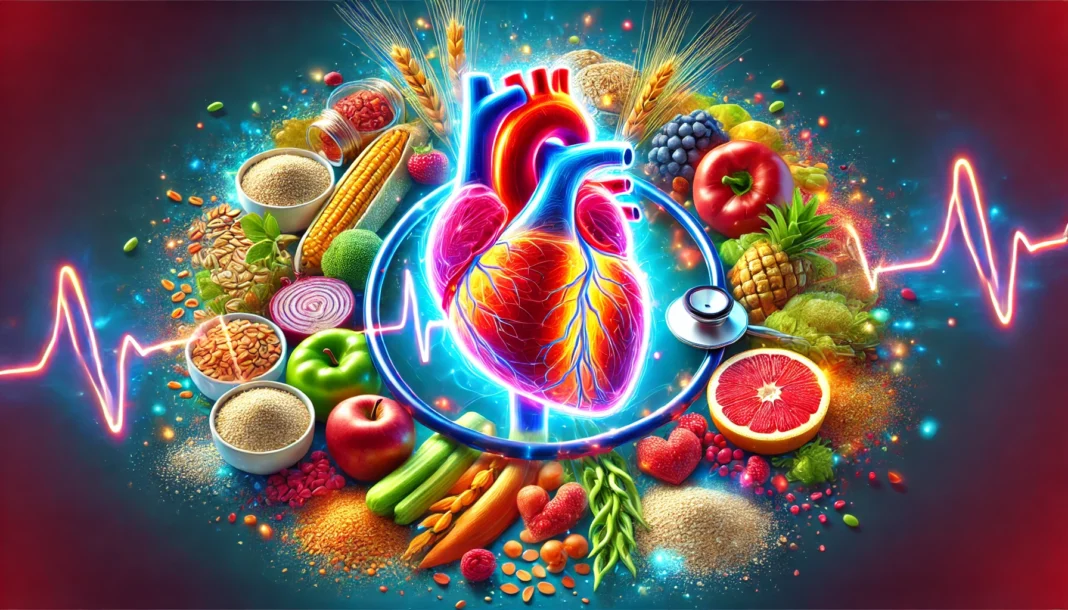 A vibrant medical illustration of a healthy heart surrounded by fiber-rich foods such as whole grains, fruits, and vegetables. The image depicts an energetic, glowing heart symbolizing cardiovascular health, with fiber playing a key role.