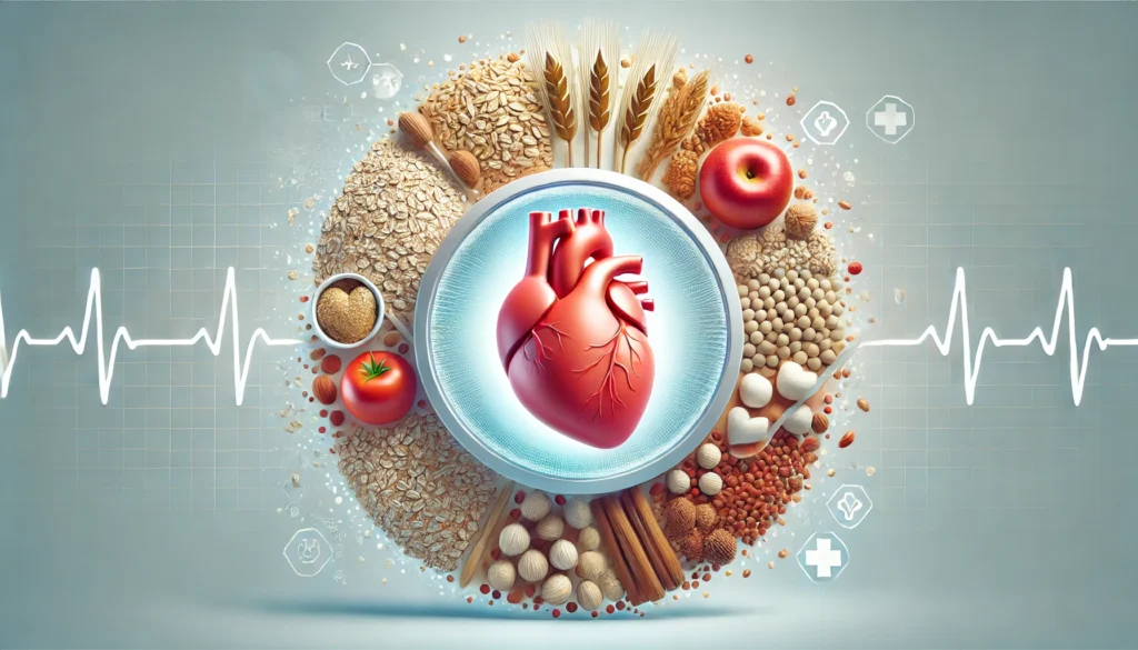 A conceptual medical visualization showing fiber-rich foods like oats, nuts, and legumes forming a protective shield around the heart, symbolizing their role in maintaining heart health. The image features a bright, clean background emphasizing cardiovascular wellness.