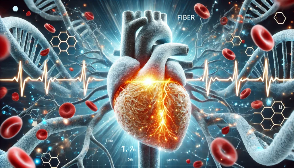 A detailed scientific visualization of fiber improving heart health, showing fiber-rich foods interacting with cholesterol and clearing arteries. The image features a strong, glowing heart with clear, open blood vessels, highlighting fiber's role in cardiovascular wellness.
