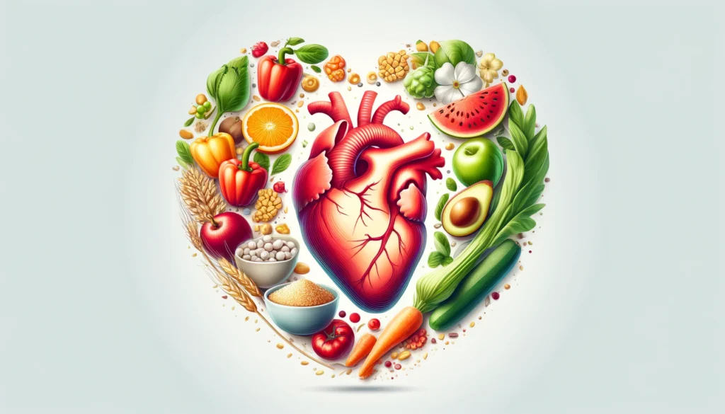 A clean and artistic depiction of a heart surrounded by natural fiber sources like vegetables, fruits, and grains, representing a heart-healthy diet. The heart appears vibrant and full of energy, with a glowing effect symbolizing good cardiovascular health.