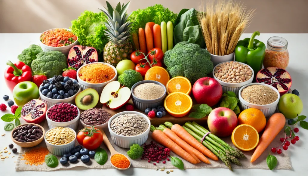 A beautifully arranged selection of fiber-rich foods, including colorful fruits, vegetables, whole grains, and legumes, emphasizing freshness and nutritional value.