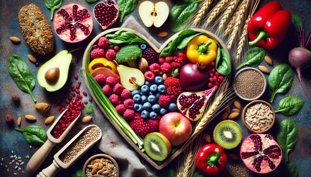 A heart-shaped arrangement of fresh fruits, vegetables, whole grains, and nuts, visually symbolizing cardiovascular health.
