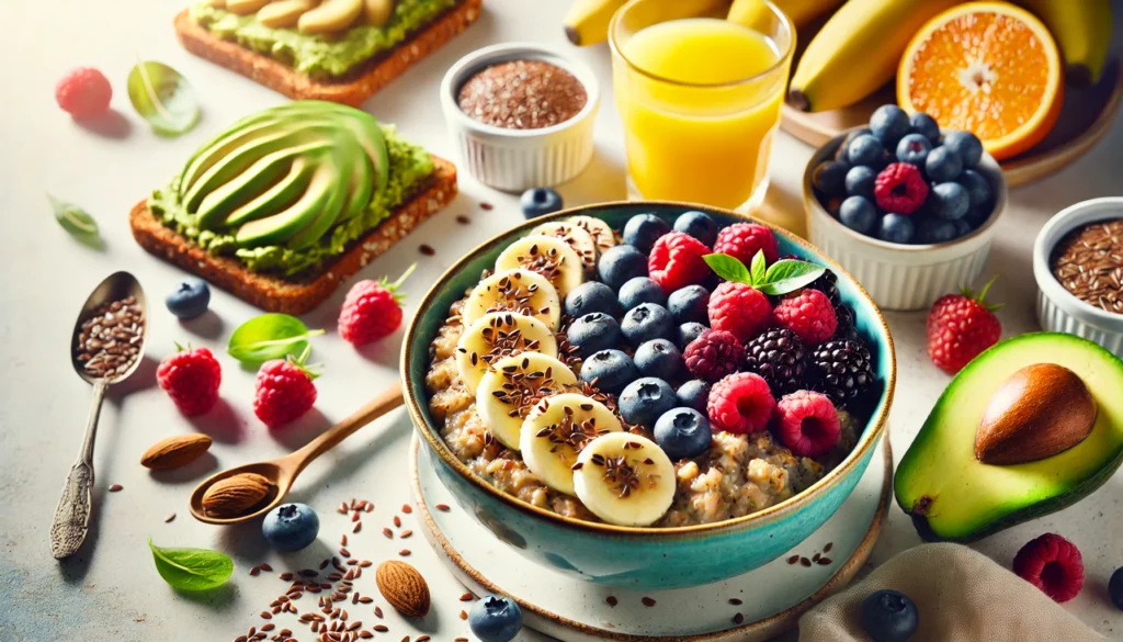 A vibrant breakfast bowl filled with oatmeal, berries, bananas, and flaxseeds, complemented by whole grain toast with avocado and a glass of orange juice.