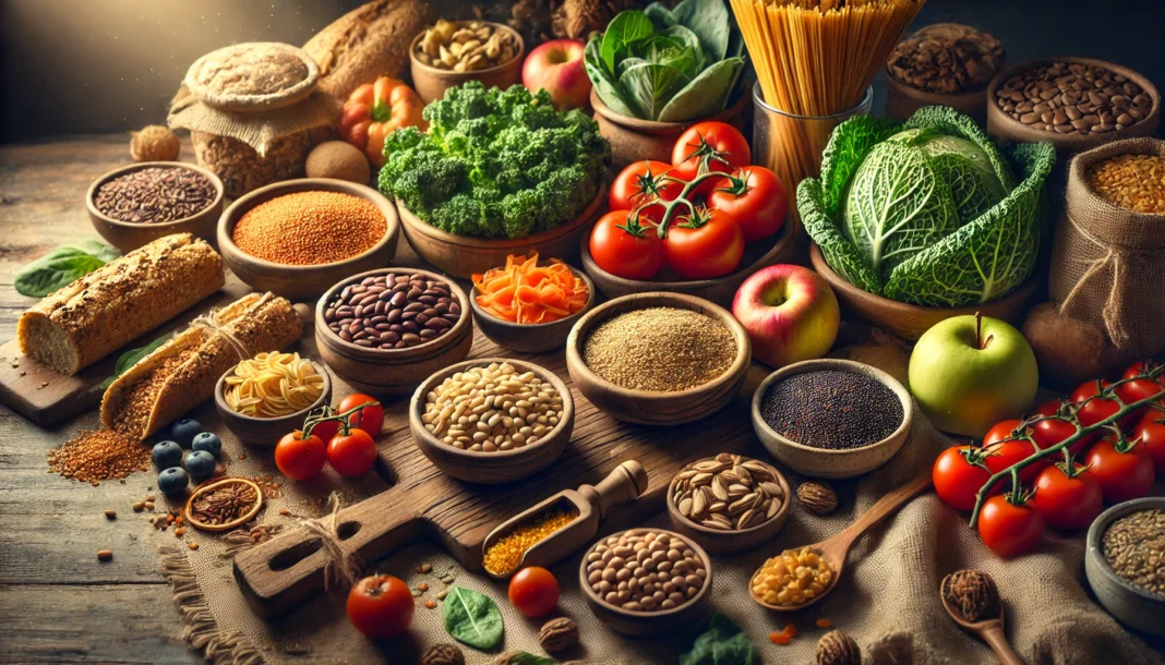 A cozy kitchen counter featuring fiber-rich foods like quinoa, lentils, black beans, whole wheat pasta, sourdough bread, nuts, seeds, and fresh produce.