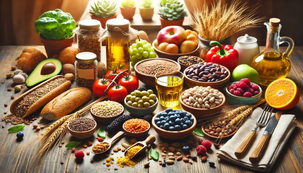 A colorful assortment of recovery-boosting foods arranged on a dining table, featuring whole grains, legumes, berries, and olive oil. The inviting atmosphere highlights a heart-healthy diet.