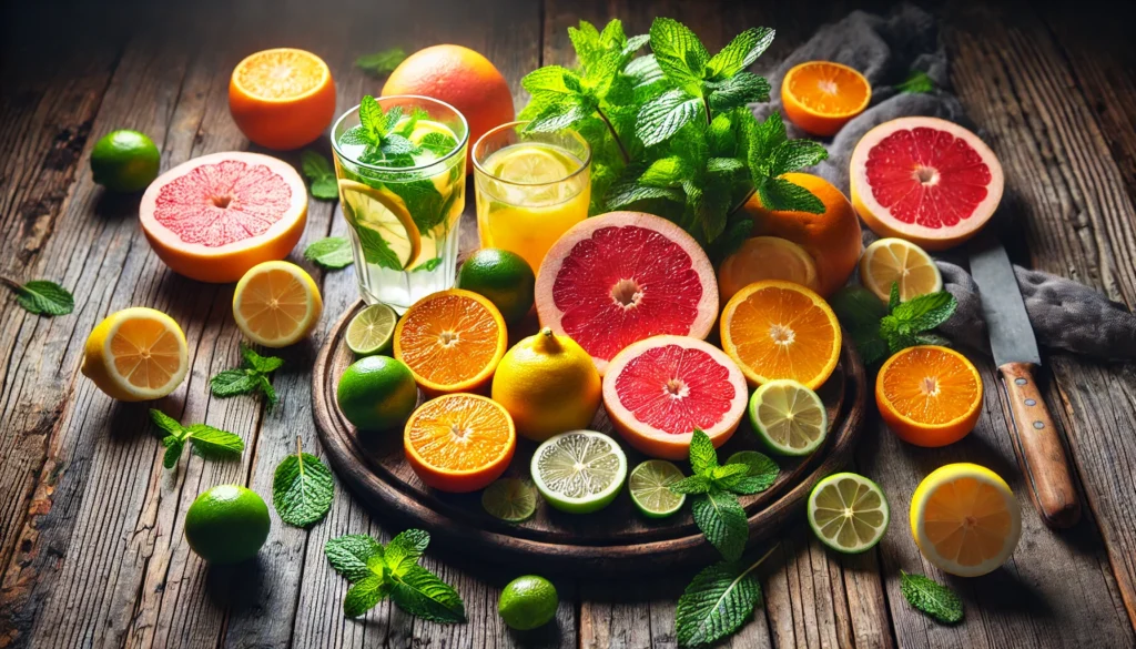 A vibrant display of detoxifying citrus fruits, including lemons, oranges, grapefruits, and limes, arranged on a rustic wooden table. Fresh mint leaves and a glass of infused citrus water enhance the natural cleansing appeal.