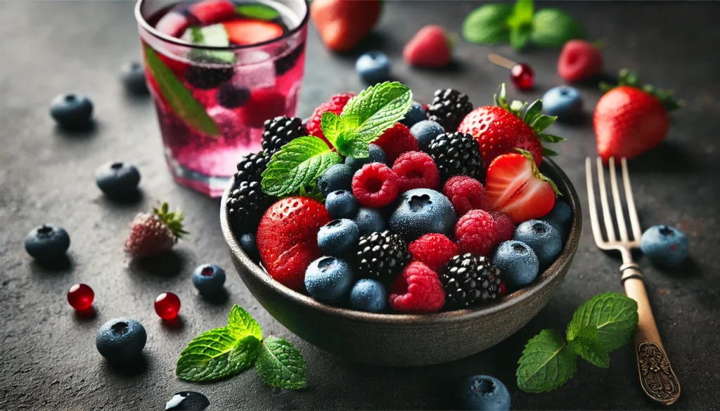 A refreshing bowl of mixed berries—blueberries, raspberries, strawberries, and blackberries—on a dark stone surface. A glass of berry-infused detox water with condensation suggests freshness and rejuvenation.
