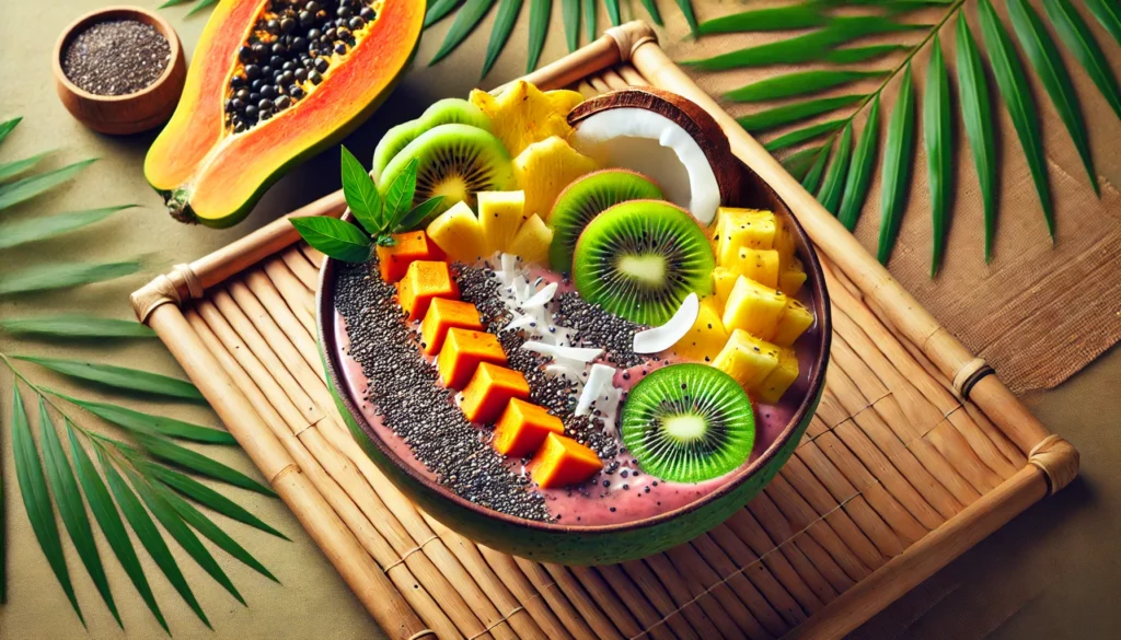 A tropical detox smoothie bowl with papaya, pineapple, and kiwi slices, garnished with chia seeds and coconut flakes, placed on a bamboo mat with palm leaves in the background, evoking a vibrant and healthy tropical detox.