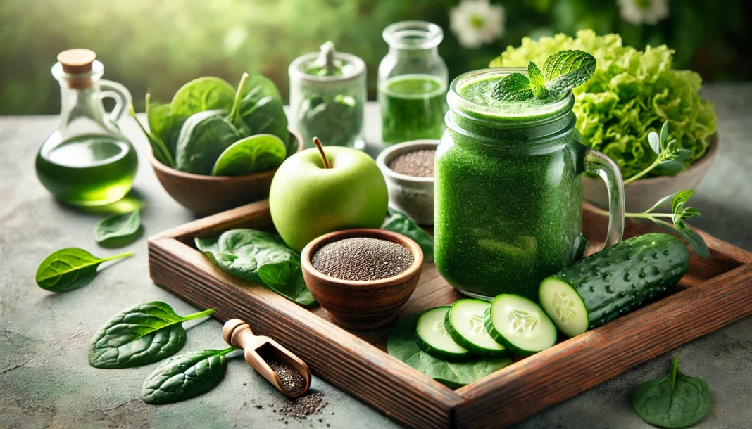 A serene spa-like setting featuring a detoxifying green smoothie made from spinach, kale, green apple, and cucumber, placed on a wooden tray with whole and sliced ingredients, alongside chia seeds and mint leaves, under soft natural lighting.
