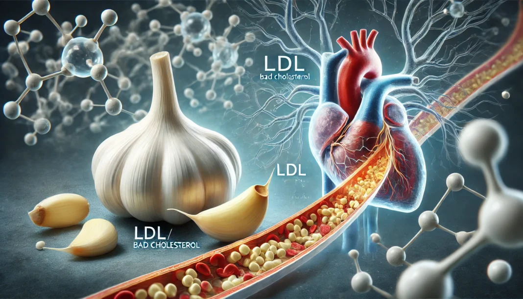 A realistic close-up of garlic cloves next to an artery with cholesterol buildup, showing LDL reduction and a scientific visualization of garlic’s biochemical effects.