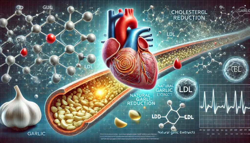 A detailed medical illustration of a human artery clearing as garlic extracts interact with cholesterol, accompanied by molecular diagrams showcasing the health benefits of garlic.